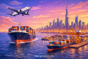 Global Shipping Company in Dubai – Golog Logistics UAE banner with cargo ship, airplane, and Dubai skyline
