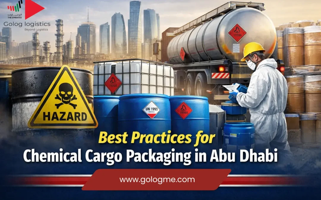 Best chemical cargo packaging in Abu Dhabi with safe handling and industrial logistics support by Golog Logistics