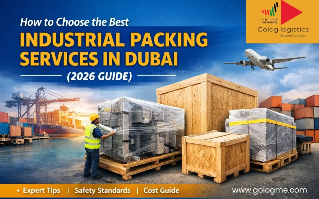 Industrial Packing Services in Dubai banner showing machinery packing, wooden crates, and logistics operations